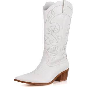 imageAMINUGAL Cowboy Boots for Women Mid Calf Cowgirl Boots Pointed Toe Chunky Heel Embroidered Western Boots Women Pull On Fashion Retro Classic Ankle BootsIwhite