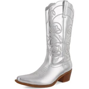 imageAMINUGAL Cowboy Boots for Women Mid Calf Cowgirl Boots Pointed Toe Chunky Heel Embroidered Western Boots Women Pull On Fashion Retro Classic Ankle BootsCsilver