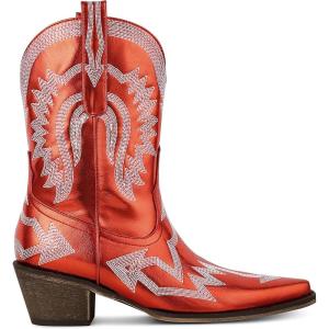 imageAMINUGAL Cowgirl Boots Chunky Heel Cowboy Boots for Women Pointed Toe Pull On Western Boots Womens Ankle Boots Country Concert Fashion Retro Metallic BootiesAred