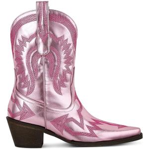 imageAMINUGAL Cowgirl Boots Chunky Heel Cowboy Boots for Women Pointed Toe Pull On Western Boots Womens Ankle Boots Country Concert Fashion Retro Metallic BootiesApink