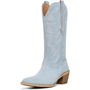 imageAMINUGAL Suede Cowboy Boots for Women Wide Calf Embroidered Cowgirl Pointed Toe Pull On Western Chunky Block Mid Calf Country Concert Fashion Retro Ankle Boots