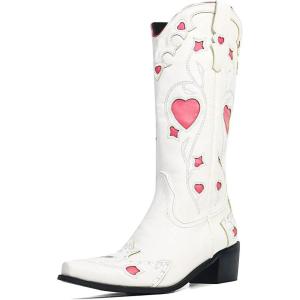 imageAMINUGAL Womens Mid Calf Embroidered Cut Out Cute Heart Cowgirl Boots Pull on Point Toe Chunky Heel Cowboy Boots Western Riding Boots For Women