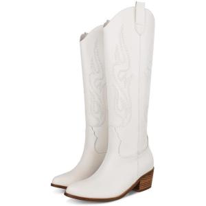 imageAMINUGAL Womens Western Knee High Cowgirl Boots Black PullOn Chunky Heel Embroidered Metallic Fabric Leather Sole 1377 inches US Womens SizeFwhite