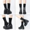 imageAMINUGAL Womens Wedge Heel Ankle Boots Platform Zipper Punk Motorcycle Booties Chunky Block High Heel Round Toe Fashion Work Combat Boots Mid Calf For WomenApatent Black Prime