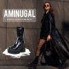 imageAMINUGAL Womens Wedge Heel Ankle Boots Platform Zipper Punk Motorcycle Booties Chunky Block High Heel Round Toe Fashion Work Combat Boots Mid Calf For WomenApatent Black Prime