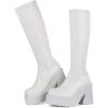 imageAMINUGAL Womens Elastic Knee High Platform Chunky Block High Heel Sock Boots Zipper Round Toe Fashion Motorcycle Combat Punk Boots For WomenAwhite