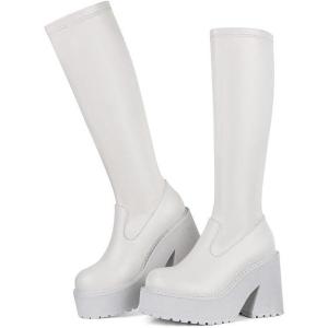 imageAMINUGAL Womens Elastic Knee High Platform Chunky Block High Heel Sock Boots Zipper Round Toe Fashion Motorcycle Combat Punk Boots For WomenAwhite
