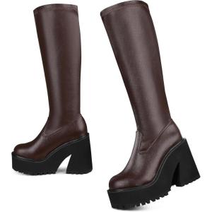 imageAMINUGAL Womens Elastic Knee High Platform Chunky Block High Heel Sock Boots Zipper Round Toe Fashion Motorcycle Combat Punk Boots For WomenBrown