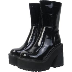 imageAMINUGAL Womens Wedge Heel Ankle Boots Platform Zipper Punk Motorcycle Booties Chunky Block High Heel Round Toe Fashion Work Combat Boots Mid Calf For WomenApatent Black Prime