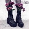 imageAMINUGAL Platform Boots for Women Wide Calf Punk Goth Black Boots Lace Up Wedge Boots for Women Round Toe Womens MidCalf Boots Moto Gothic Motorcycle Combat Boots WomensBlack