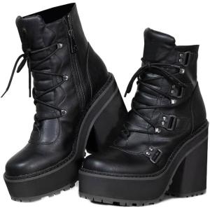 imageAMINUGAL Platform Boots for Women Wide Calf Punk Goth Black Boots Lace Up Wedge Boots for Women Round Toe Womens MidCalf Boots Moto Gothic Motorcycle Combat Boots WomensBlack