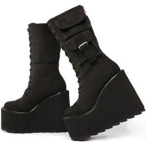 imageAMINUGAL Platform Boots for Women Wide Calf Punk Goth Black Boots Lace Up Wedge Boots for Women Round Toe Womens MidCalf Boots Moto Gothic Motorcycle Combat Boots WomensBblack