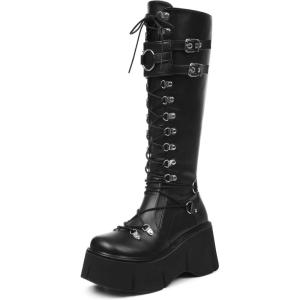 imageAMINUGAL Womens Platform Knee High Boots Chunky Heel Zipper Round Toe Fashion Motorcycle Punk Goth Boots Combat Boots For WomenAblack