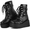imageAMINUGAL Platform Ankle Boots for Women Wedge High Heel Goth Round Toe Combat Booties Lace Up Outdoor Boot Dress Shoes with Chain for Date Vacation School WearBlack
