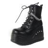 imageAMINUGAL Platform Goth Boots for Women Lace up Wedges Chain Ankle Booties Studded Short Motorcycle Boots Ridding Shopping Concert BootiesBlackpu