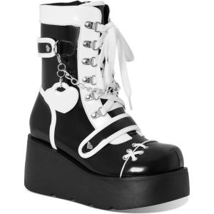 imageAMINUGAL Platform Ankle Boots for Women Wedge High Heel Goth Round Toe Combat Booties Lace Up Outdoor Boot Dress Shoes with Chain for Date Vacation School WearBlack and White