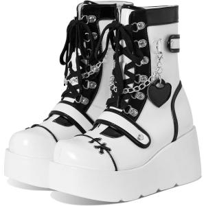 imageAMINUGAL Platform Ankle Boots for Women Wedge High Heel Goth Round Toe Combat Booties Lace Up Outdoor Boot Dress Shoes with Chain for Date Vacation School WearWhite