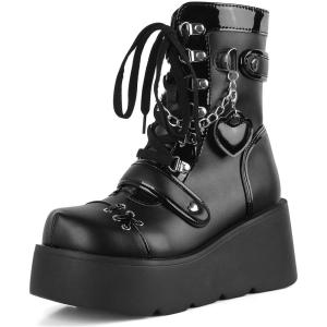 imageAMINUGAL Platform Ankle Boots for Women Wedge High Heel Goth Round Toe Combat Booties Lace Up Outdoor Boot Dress Shoes with Chain for Date Vacation School WearBlack