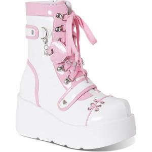 imageAMINUGAL Platform Ankle Boots for Women Wedge High Heel Goth Round Toe Combat Booties Lace Up Outdoor Boot Dress Shoes with Chain for Date Vacation School WearPink