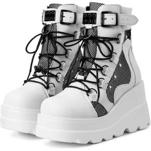 imageAMINUGAL Platform Ankle Boots for Women Zipper Closure High Heel Goth Round Toe Booties Lace Up Rave Boot Outdoor Dress Shoes with Chain for Date Vacation School WearWhite