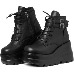 imageAMINUGAL Platform Ankle Boots for Women Zipper Closure High Heel Goth Round Toe Booties Lace Up Rave Boot Outdoor Dress Shoes with Chain for Date Vacation School WearBlack