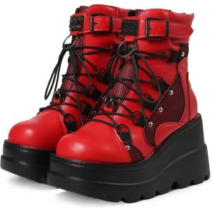 imageAMINUGAL Platform Ankle Boots for Women Zipper Closure High Heel Goth Round Toe Booties Lace Up Rave Boot Outdoor Dress Shoes with Chain for Date Vacation School WearRed