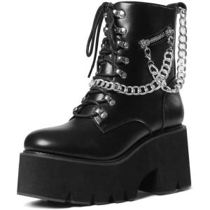 imageAMINUGAL Platform Boots Goth Boots for Women Chunky Heeled Combat Punk Gothic Boots Lace Up Round Toe Ankle Booties for Concert and PartyBlack