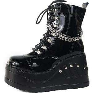 imageAMINUGAL Platform Goth Boots for Women Lace up Wedges Chain Ankle Booties Studded Short Motorcycle Boots Ridding Shopping Concert BootiesBlack Patent Leather
