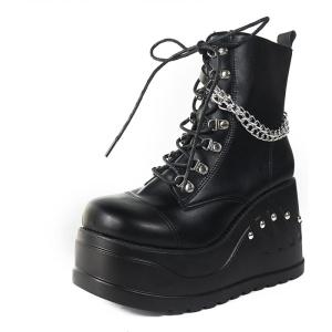 imageAMINUGAL Platform Goth Boots for Women Lace up Wedges Chain Ankle Booties Studded Short Motorcycle Boots Ridding Shopping Concert BootiesBlackpu