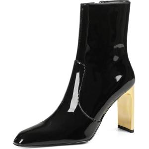 imageAMINUGAL Womens Ankle Boots Chunky Block High Heel Shiny Short Boot Pointed Toe With Side Zipper Mid Calf Goth Boot Heeled BootiesBlackpu