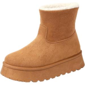 imageAMINUGAL Womens Ankle Boots Platform Heel Plush Faux Fur Round Toe Platform Heel Booties for Winter Outdoor School Snow BootBrown