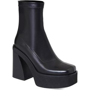 imageAMINUGAL Womens Ankle Boots Pull on Stretch Platform Boots Squared Toe Chunky High Heel Combat Boots Gothic Shoes Concert Party Wear BootiesBlack