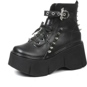 imageAMINUGAL Womens Ankle Platform Boots Wedge Heel Bat Shaped Rivet Rhinestone Boot Adjustable Side Zipper Thick Gothic Punk Halloween Party Goth BootiesBlack