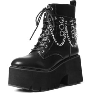 imageAMINUGAL Womens Fashionable Platform Boots Round Toe Lace Up Thick High Heel Chain Buckle Rivets Side Zipper BootiesBlack