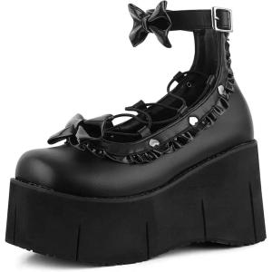 imageAMINUGAL Womens Platform Ankle Boots Goth Punk Boot Chunky Wedge Heel Adjustable Ankle Strap Lace Up Round Toe Bow Knot Outdoor Halloween Combat Gothic BootiesBlack