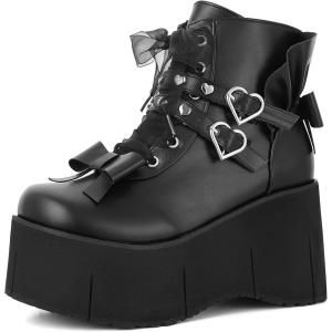 imageAMINUGAL Womens Platform Boots Wedge Heel Heart Eyeletted Decoration Adjustable Strap Lace Up Punk Halloween Outdoor Combat Motorcycle BootBlack