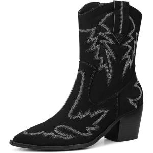 imageAMINUGAL Ankle Cowboy Boots for Women Pointed Toe Block Heels Embroidered Wide Calf Cowgirl Boots Wedding Party Concert BootiesBlack