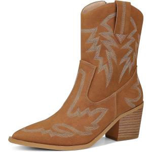 imageAMINUGAL Ankle Cowboy Boots for Women Pointed Toe Block Heels Embroidered Wide Calf Cowgirl Boots Wedding Party Concert BootiesBrown