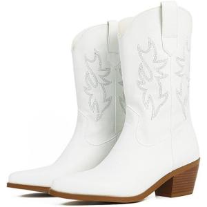 imageAMINUGAL Ankle Cowboy Boots for Women Embroidered Pointed Toe Boot Pull Tabs Pull on Chunky Block Heel Wedding Party Shopping Cowgirl Booties