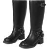 imageAMINUGAL Wide Calf Knee High Boots for Women Square Toe Pull On Chunky Womens Buckle Moto Boots Rivet Vintage Y2K Motorcycle Riding Biker Casual Fashion Festival Renaissance Combat RaveWblack