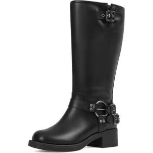 imageAMINUGAL Wide Calf Knee High Boots for Women Square Toe Pull On Chunky Womens Buckle Moto Boots Rivet Vintage Y2K Motorcycle Riding Biker Casual Fashion Festival Renaissance Combat RaveWblack