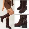 imageAMINUGAL Knee High Boots Women Square Toe Pull On Wide Calf Riding Fashion Buckles Chunky Metallic Casual Vintage Buckle RivetCchocolate
