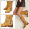 imageAMINUGAL Knee High Boots Women Square Toe Pull On Wide Calf Riding Fashion Buckles Chunky Metallic Casual Vintage Buckle RivetCyellow