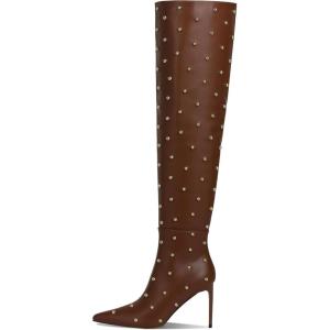 imageAMINUGAL Thigh High Boots for Women Wide Calf Pointed Toe Over The Knee Boots for Women Zipper Vintage Fashion Thigh Stiletto High Heel Boots Sexy Trendy Concert Club Y2K Going Out ShoesBrown