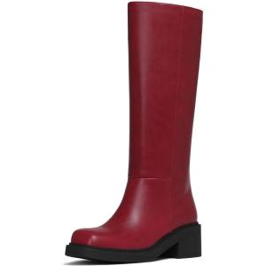 imageAMINUGAL Womens Knee High Boots Square Toe Chunky Block Low Heel Tall Boots for Women Extra Wide Calf Biker Motorcycle Riding Clubbing Corporate Rave Festival ComfyTrendy Y2k VintageRed