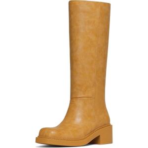 imageAMINUGAL Womens Knee High Boots Square Toe Chunky Block Low Heel Tall Boots for Women Extra Wide Calf Biker Motorcycle Riding Clubbing Corporate Rave Festival ComfyTrendy Y2k VintageYellow