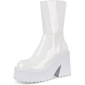 imageAMINUGAL Womens Wedge Heel Ankle Boots Platform Zipper Punk Motorcycle Booties Chunky Block High Heel Round Toe Fashion Work Combat Boots Mid Calf For WomenApatent White