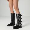 imageAMINUGAL Knee High Boots Women Square Toe Pull On Wide Calf Riding Fashion Buckles Chunky Metallic Casual Vintage Buckle RivetSblack