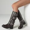 imageAMINUGAL Knee High Boots Women Square Toe Pull On Wide Calf Riding Fashion Buckles Chunky Metallic Casual Vintage Buckle RivetSbrown