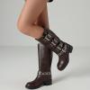 imageAMINUGAL Knee High Boots Women Square Toe Pull On Wide Calf Riding Fashion Buckles Chunky Metallic Casual Vintage Buckle RivetSredbrown